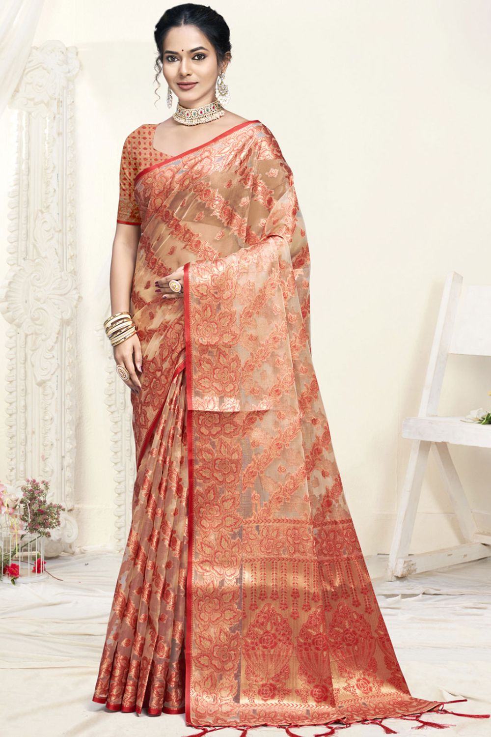 Beige Organza Woven Saree