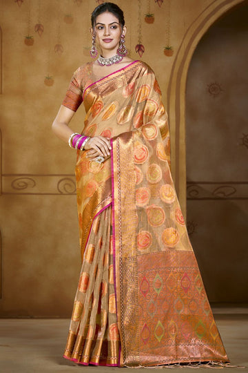 Beige Jacquard Work Organza Saree