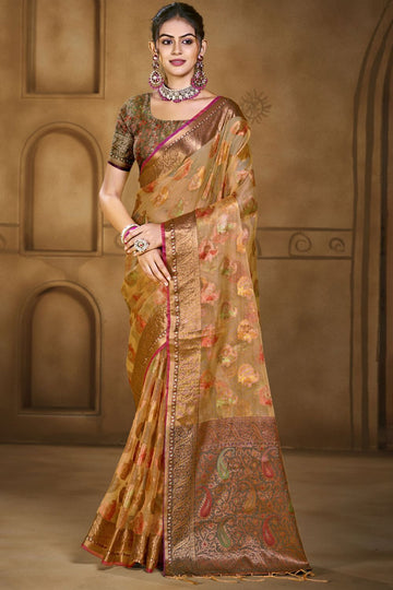 Beige Jacquard Work Organza Saree