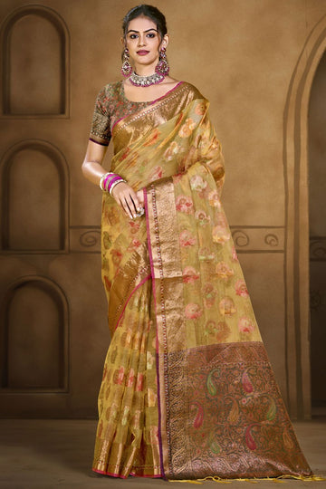 Beige Jacquard Work Organza Saree