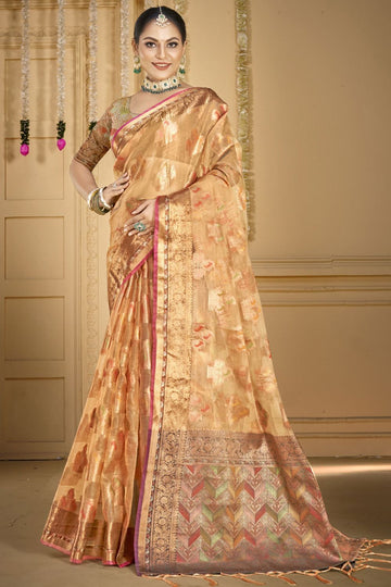 Beige Jacquard Work Organza Saree