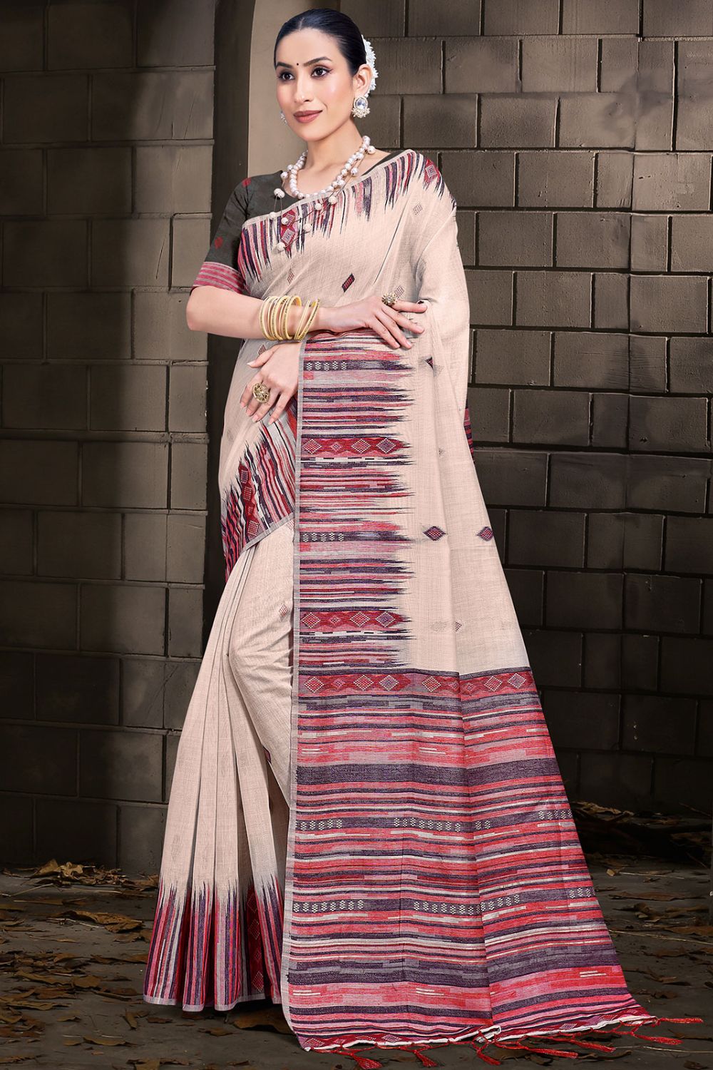 Beige Printed Cotton Saree