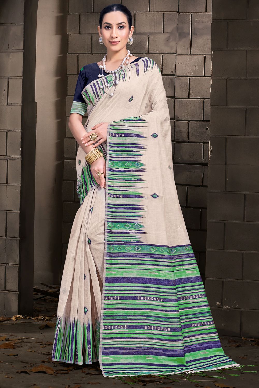 Beige Printed Cotton Saree