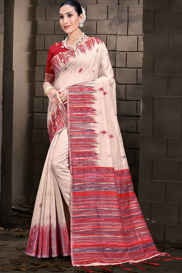 Beige Cotton Printed Saree