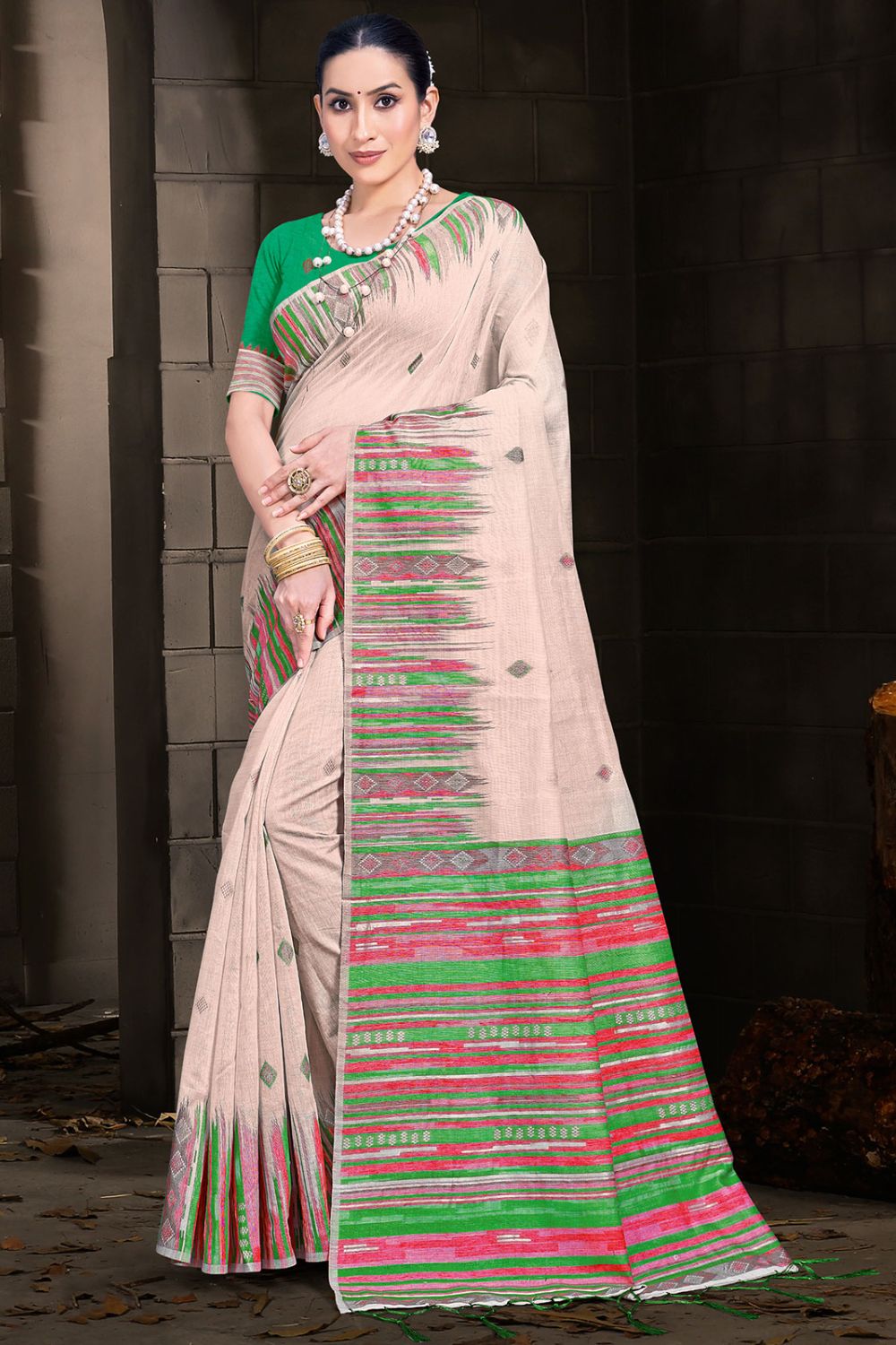 Beige Printed Cotton Saree