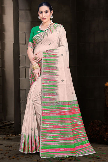 Beige Cotton Printed Saree