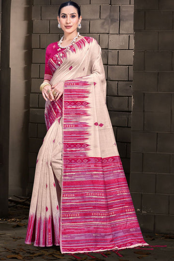 Beige Cotton Printed Saree