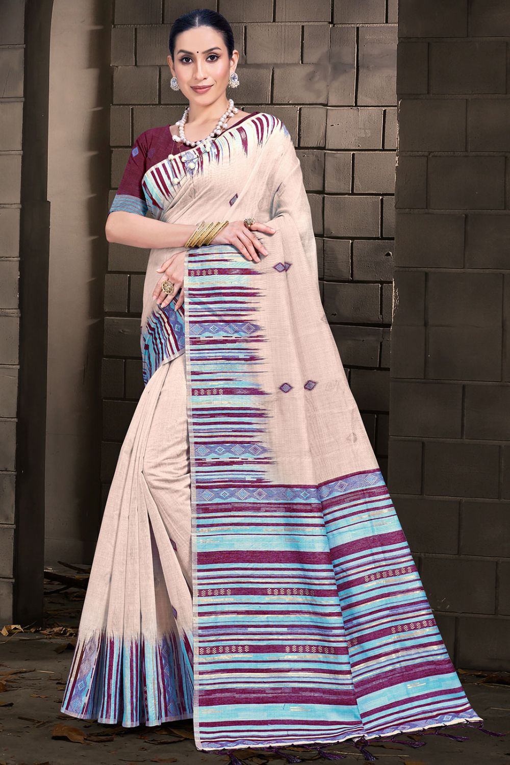 Beige Printed Cotton Saree