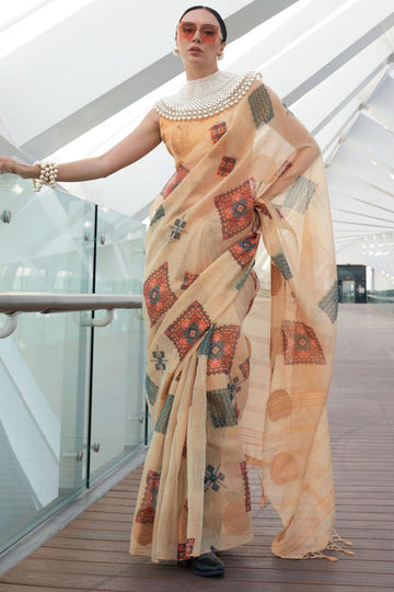 Beige Printed Zari Tissue Saree for Party