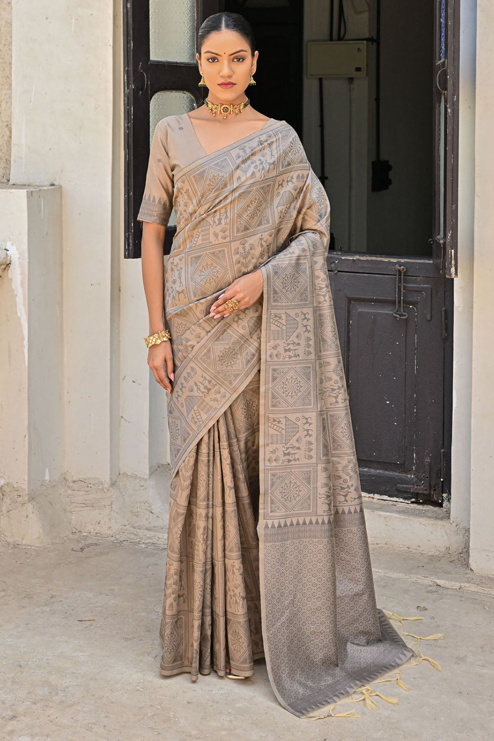 Beige Raw Silk Woven Party Wear Saree