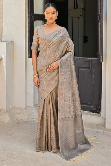 Beige Raw Silk Woven Party Wear Saree