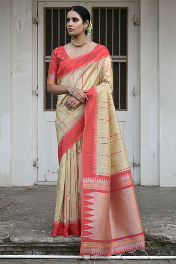 Beige Raw Silk Zari Woven for Party