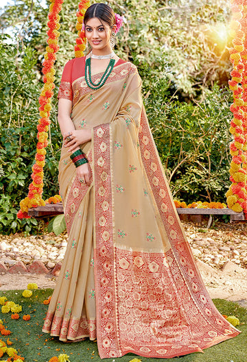 Beige Rich Pallu Cotton Saree for Party