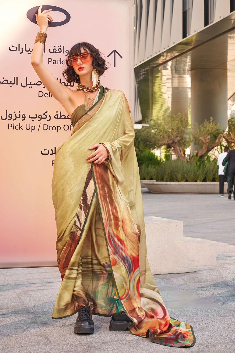 Beige Digital Printed Satin Saree