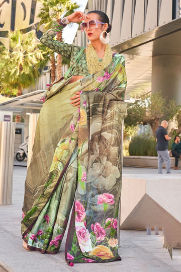 Beige Digital Printed Satin Saree