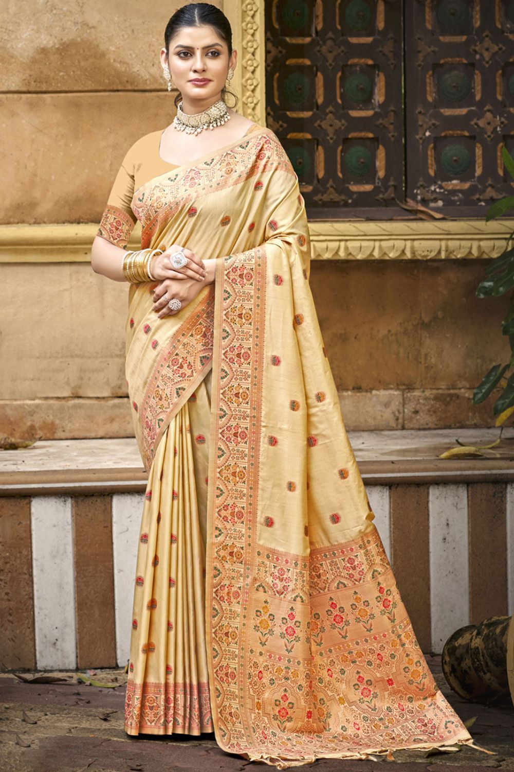 Beige Silk Woven Saree