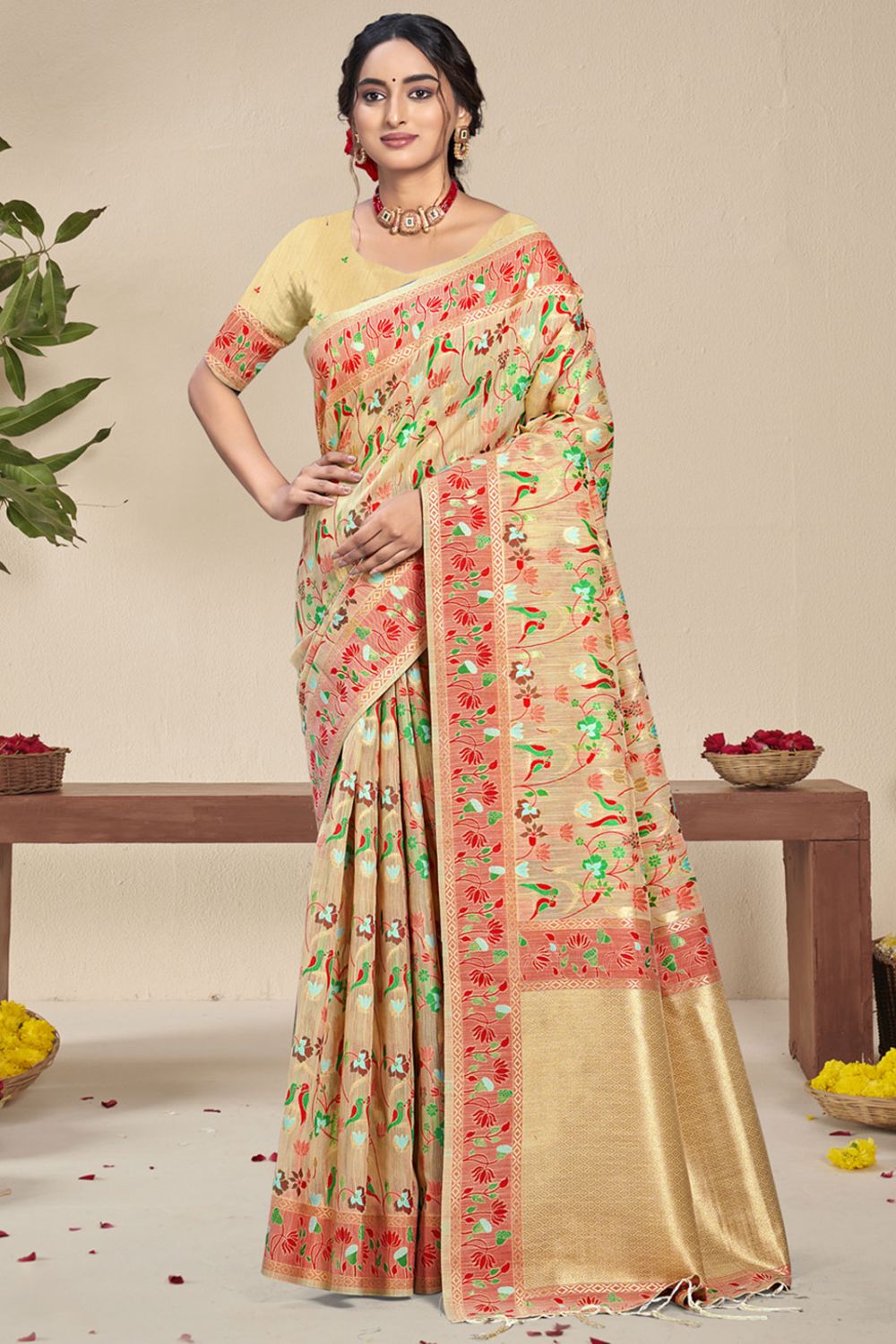 Beige Silk Woven Saree