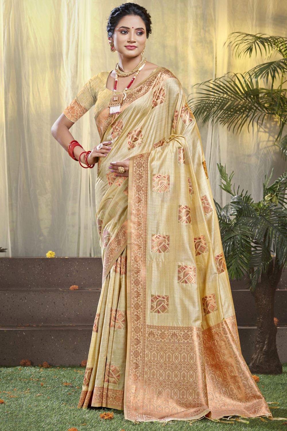 Beige Silk Woven Work Saree