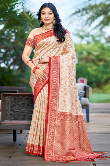 Beige Zari Weaving Work Silk Saree