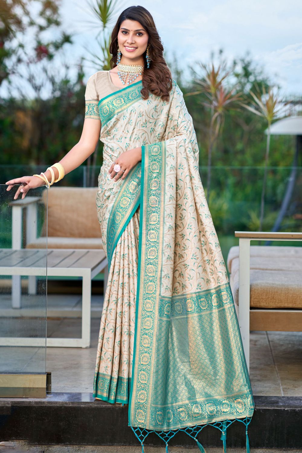 Beige Silk Zari Woven Saree