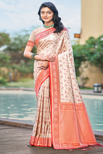 Beige Zari Weaving Work Silk Saree