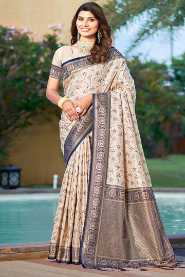 Beige Zari Weaving Work Silk Saree