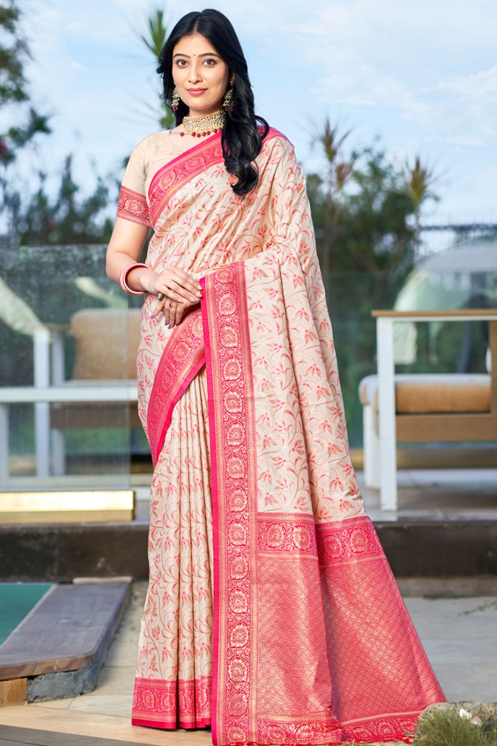 Beige Silk Zari Woven Saree