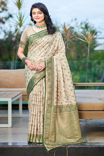 Beige Zari Weaving Work Silk Saree