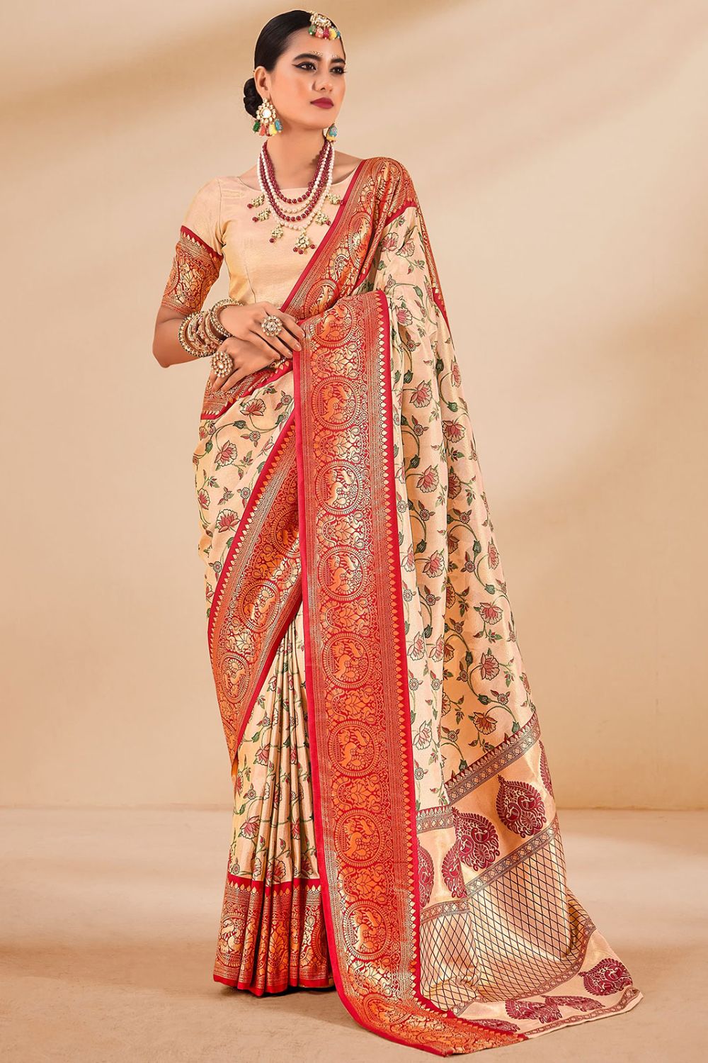 Beige Woven Dharmavaram Tissue Silk Saree