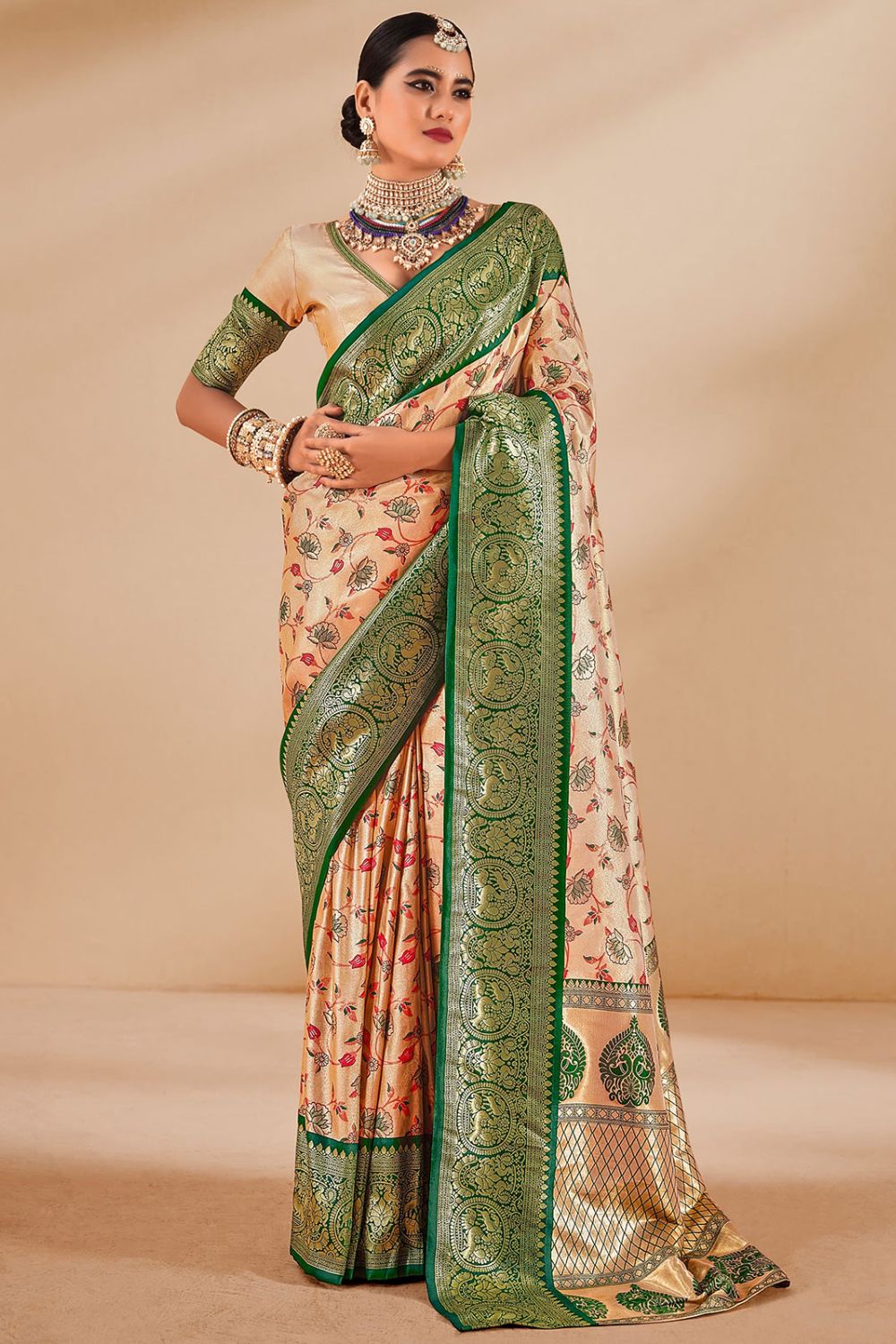 Beige Woven Dharmavaram Tissue Silk Saree