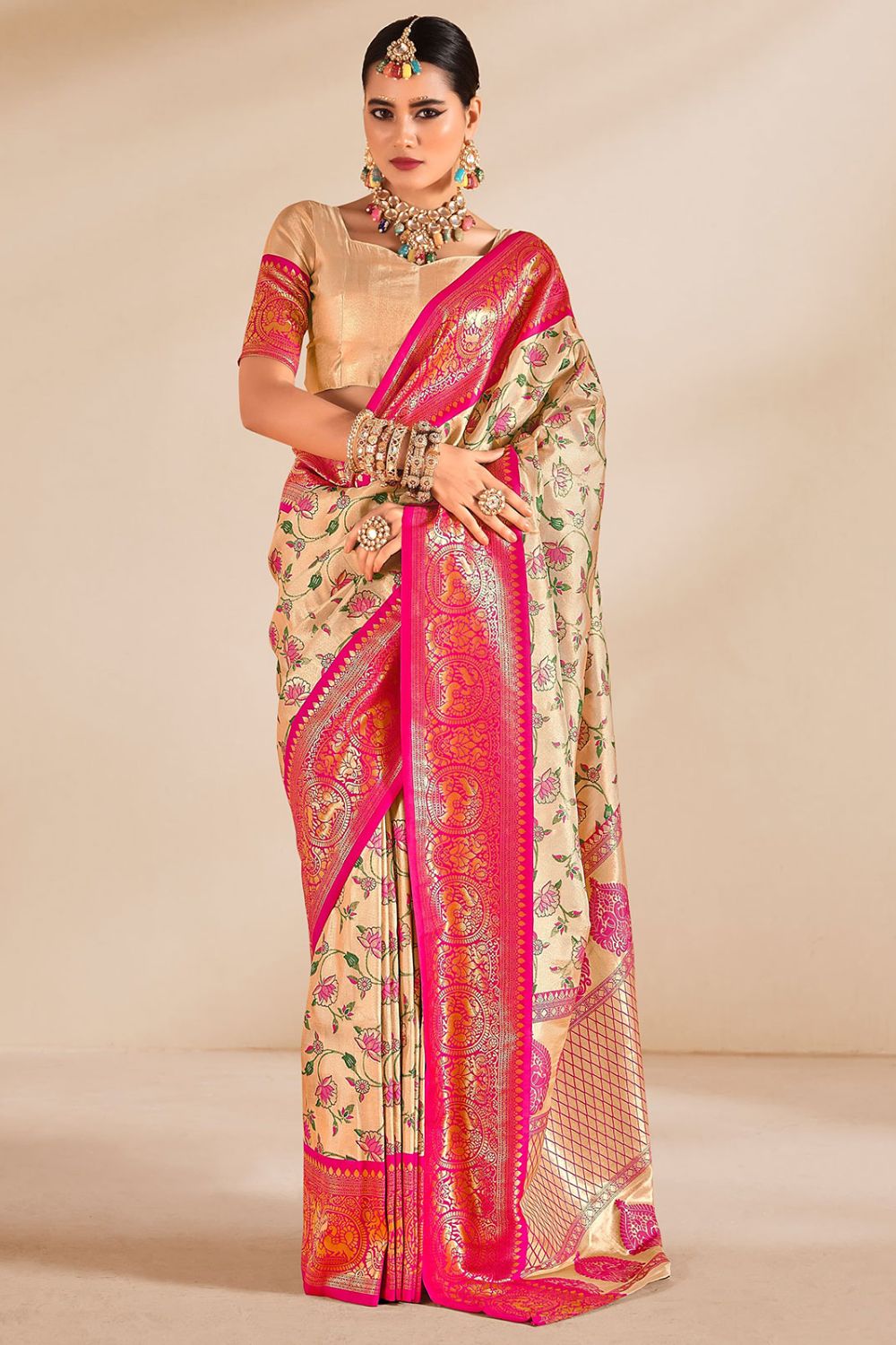 Beige Woven Dharmavaram Tissue Silk Saree