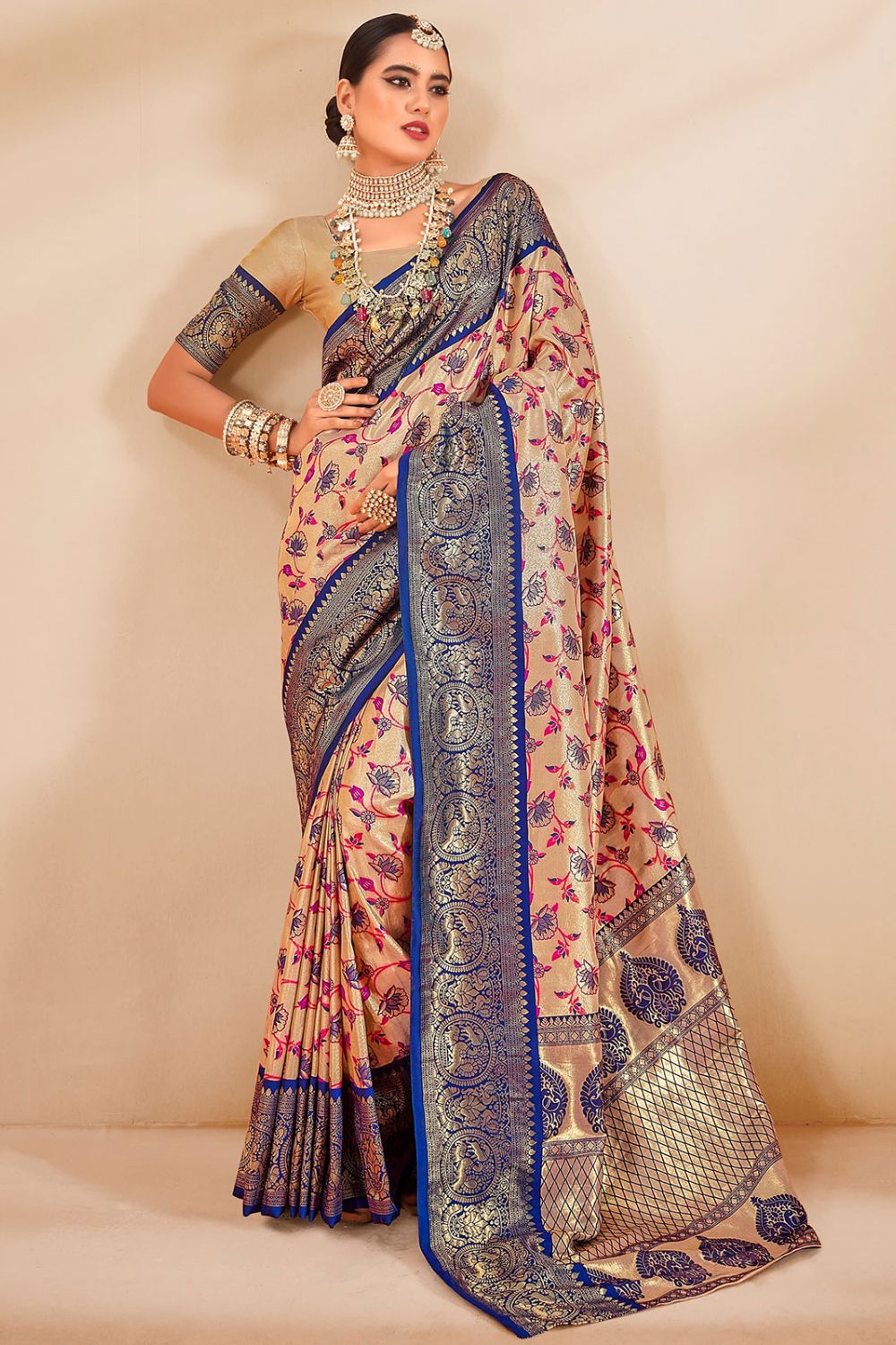 Beige Woven Dharmavaram Tissue Silk Saree