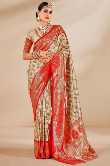 Beige Woven Dharmavaram Tissue Silk Saree