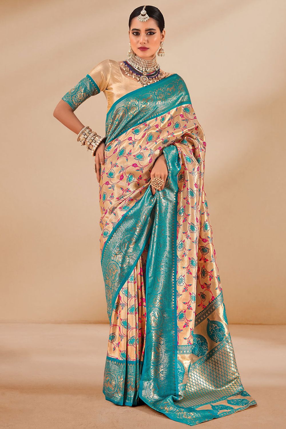 Beige Woven Dharmavaram Tissue Silk Saree