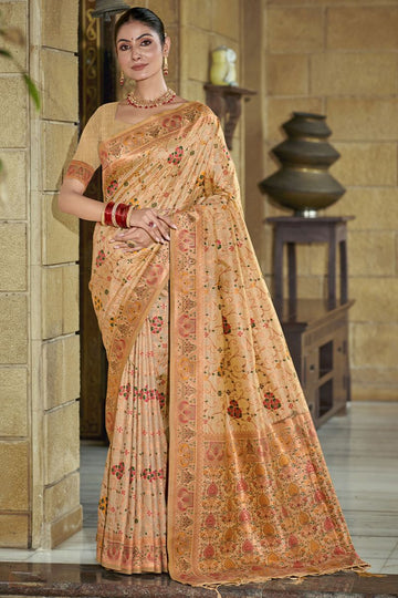 Beige Silk Weaving Work Saree for Ceremonial