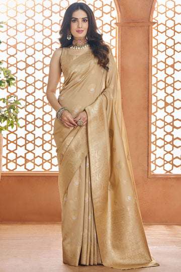 Beige Pure Banarasi Silk Zari Weaving Saree