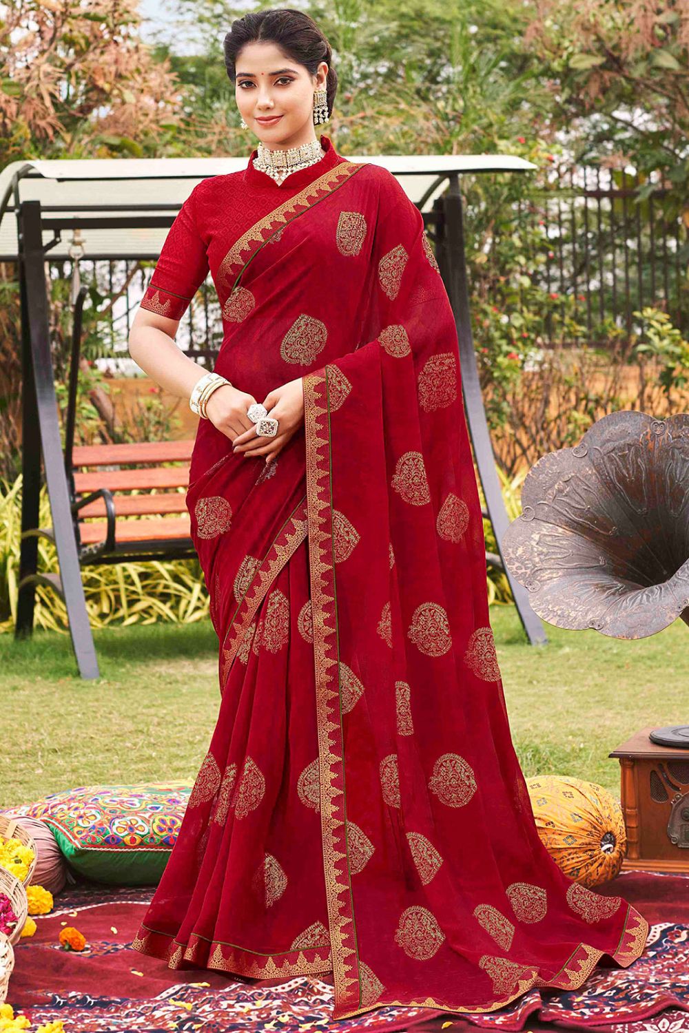 Berry Red Printed Georgette Casual Wear Saree