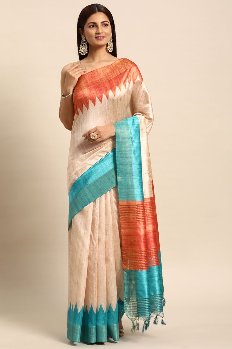 Bisque Cream Tussar Silk Saree with Temple Border