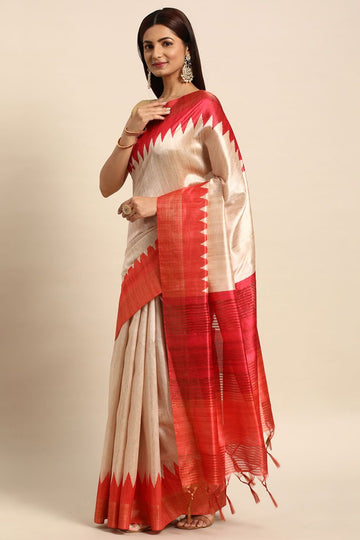 Bisque Cream Tussar Silk Saree with Temple Border