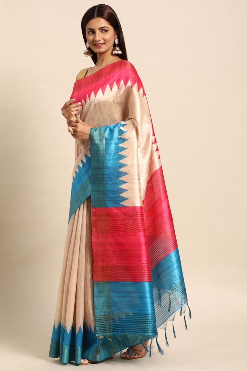 Bisque Cream Tussar Silk Saree with Temple Border