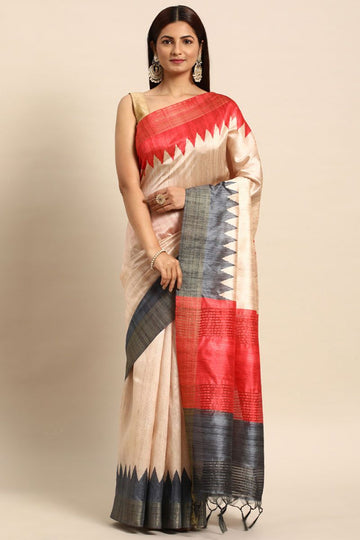 Bisque Cream Tussar Silk Saree with Temple Border