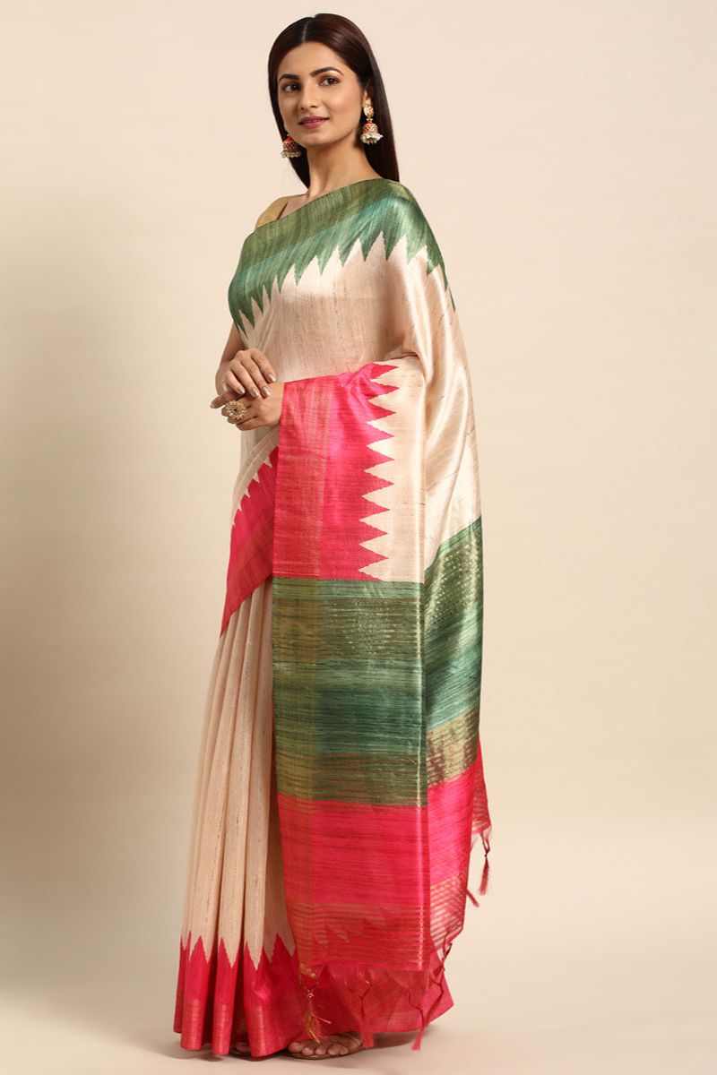 Bisque Cream Tussar Silk Saree with Temple Border