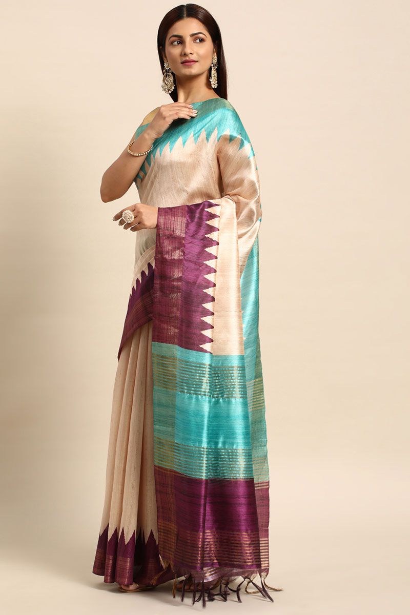 Bisque Cream Tussar Silk Saree with Temple Border