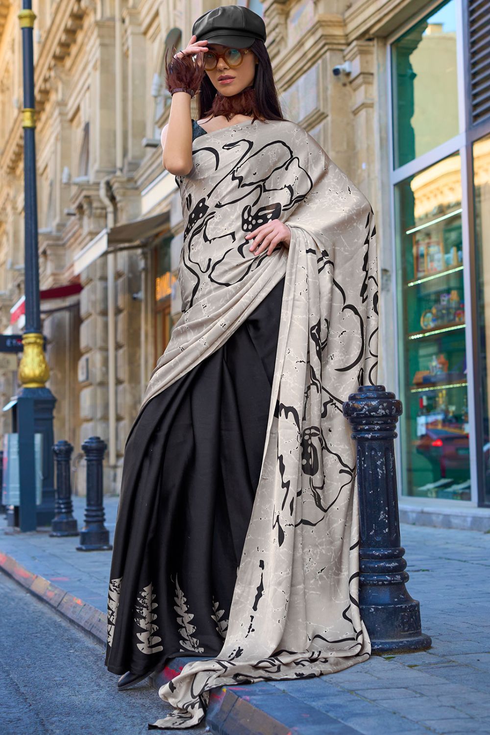 Black and Ash Grey Digital Print Satin Crepe Saree for Party