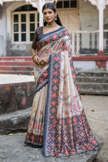 Black and Beige Soft Tussar Silk Digital Printed Saree