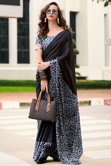 Black and Grey Digital Print Satin Saree