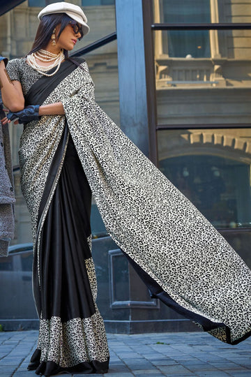 Black and White Digital Print Satin Crepe Saree for Party