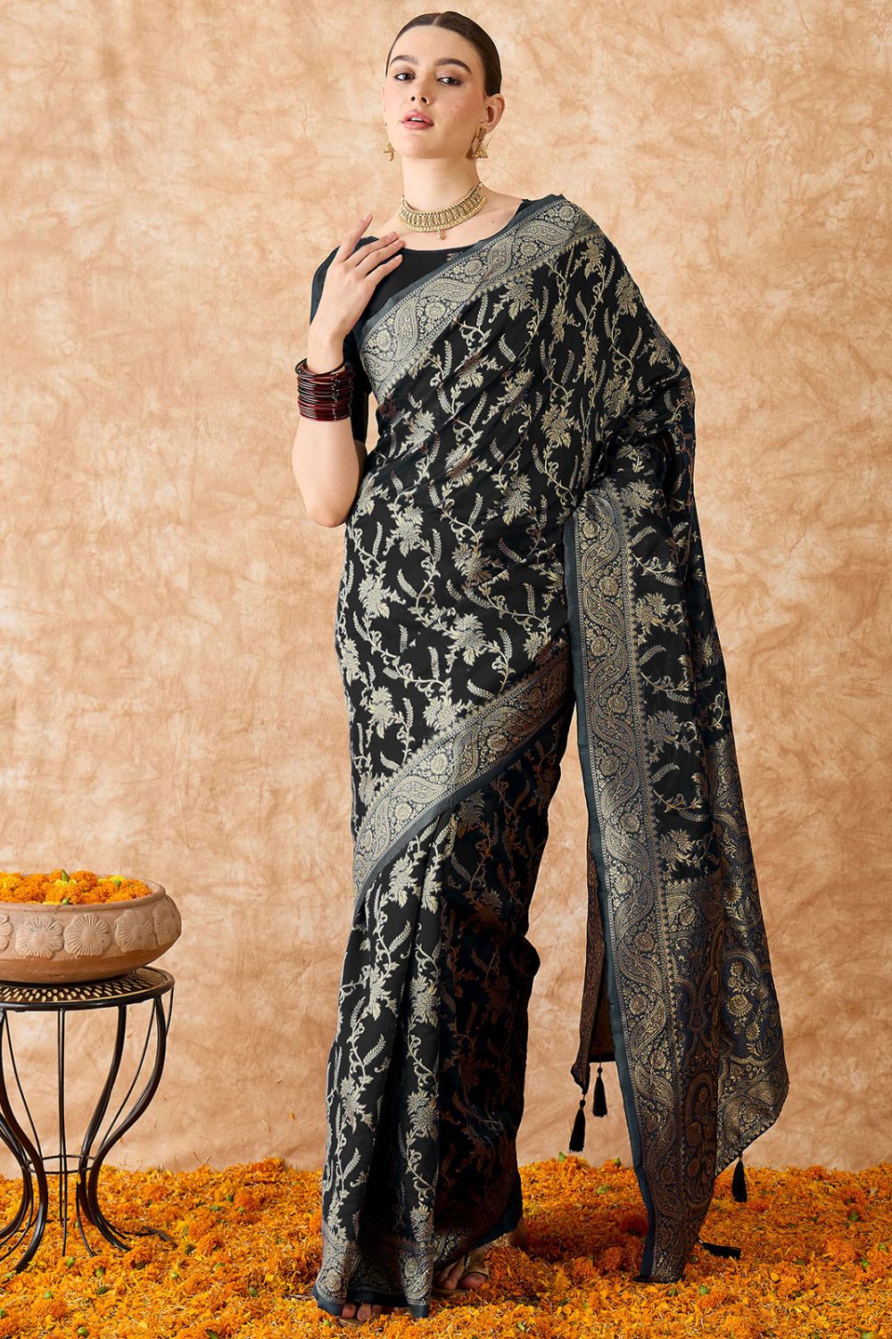 Black Banarasi Silk Saree for Festival