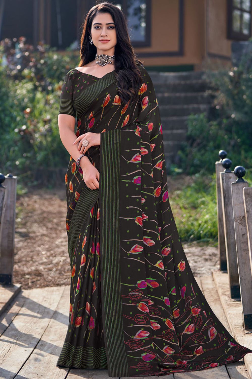 Black Printed Casual Wear Chiffon Saree