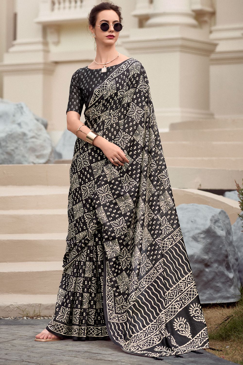 Black Pure Mal Mal Silk Printed Saree